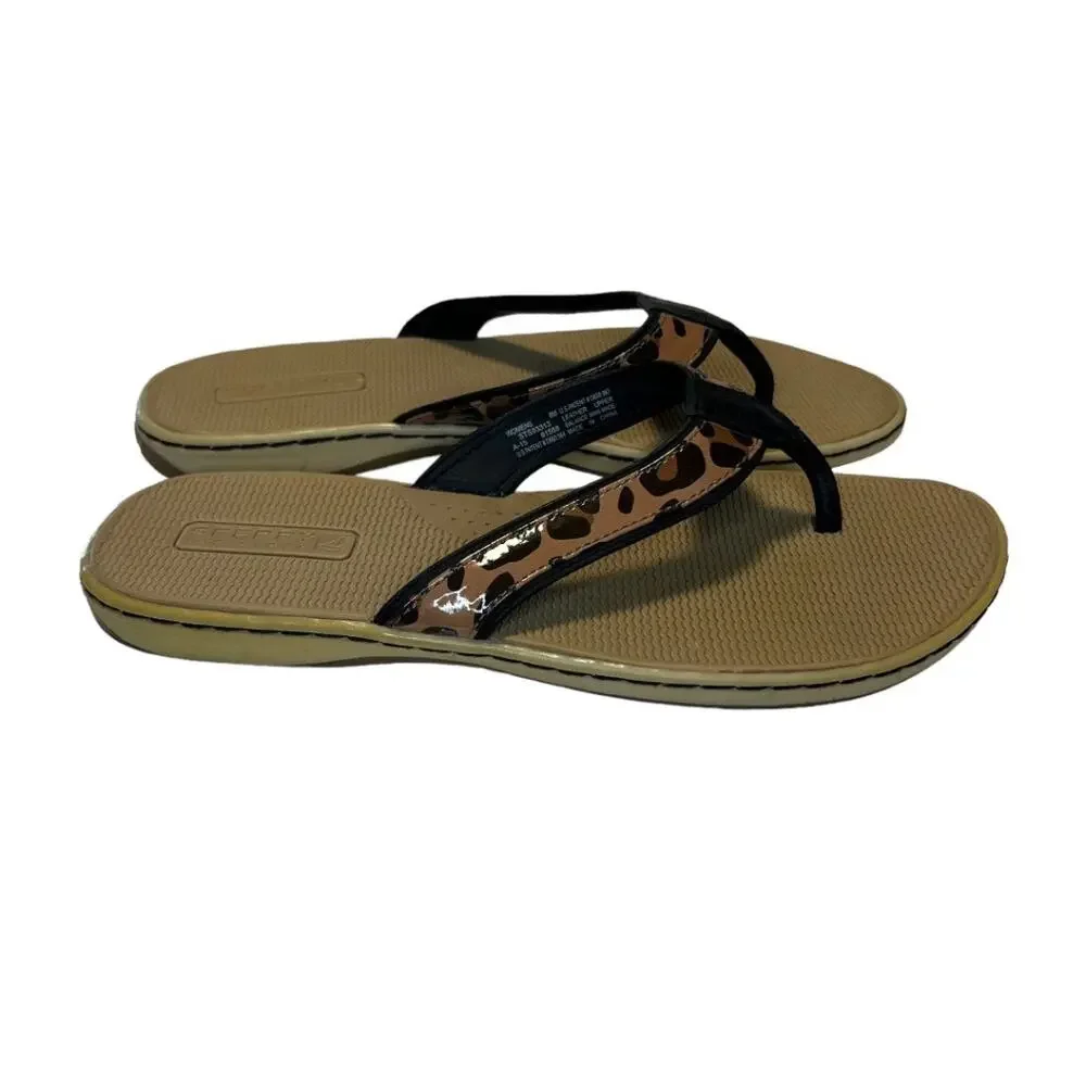 Sperry Top Sider Leather Flip Flop Sandals Tan Black Leopard Print Size 8m Comfy